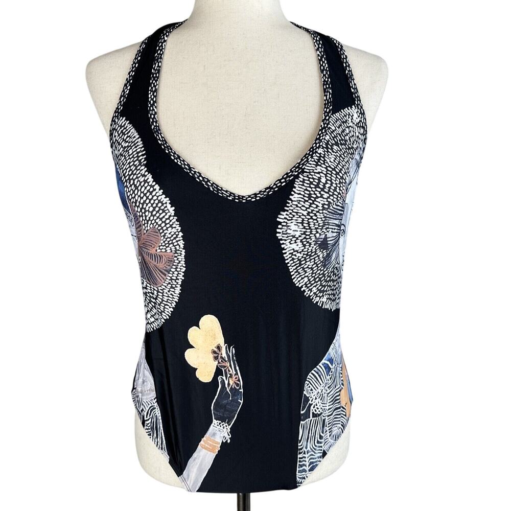 Jai Vasicek Anthropologie Rosa One Piece Swimsuit Size M Black Lady in Hat Print